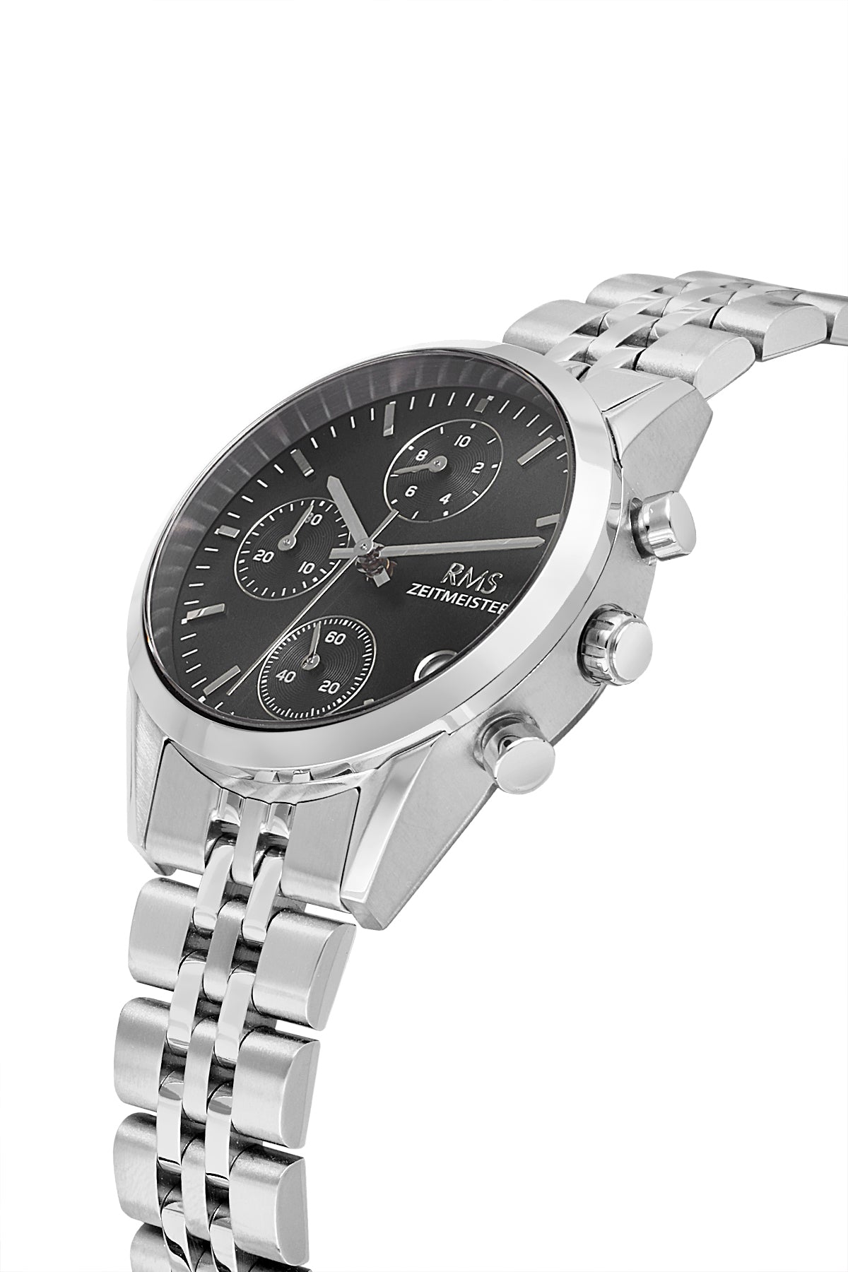RMS Zeitmeister AG1594.02 women's chronograph watch with black dial, silver-tone case and stainless steel bracelet – angled view