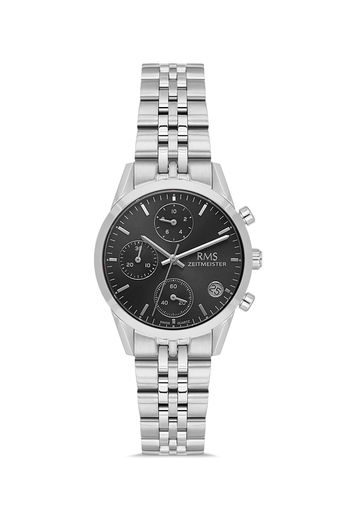 RMS Zeitmeister AG1594.02 women's chronograph watch with black dial, silver-tone case and stainless steel bracelet – front view