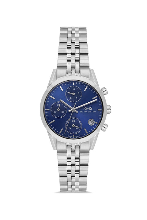 RMS Zeitmeister AG1594.03 women's chronograph watch with blue dial, silver-tone case and stainless steel bracelet – front view