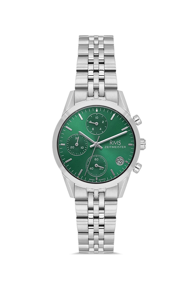 RMS Zeitmeister AG1594.04 women's chronograph watch with green dial, silver-tone case and stainless steel bracelet – front view