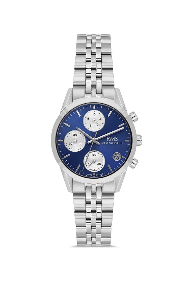 RMS Zeitmeister AG1594.05 women's chronograph watch with blue dial, silver-tone case and stainless steel bracelet – front view