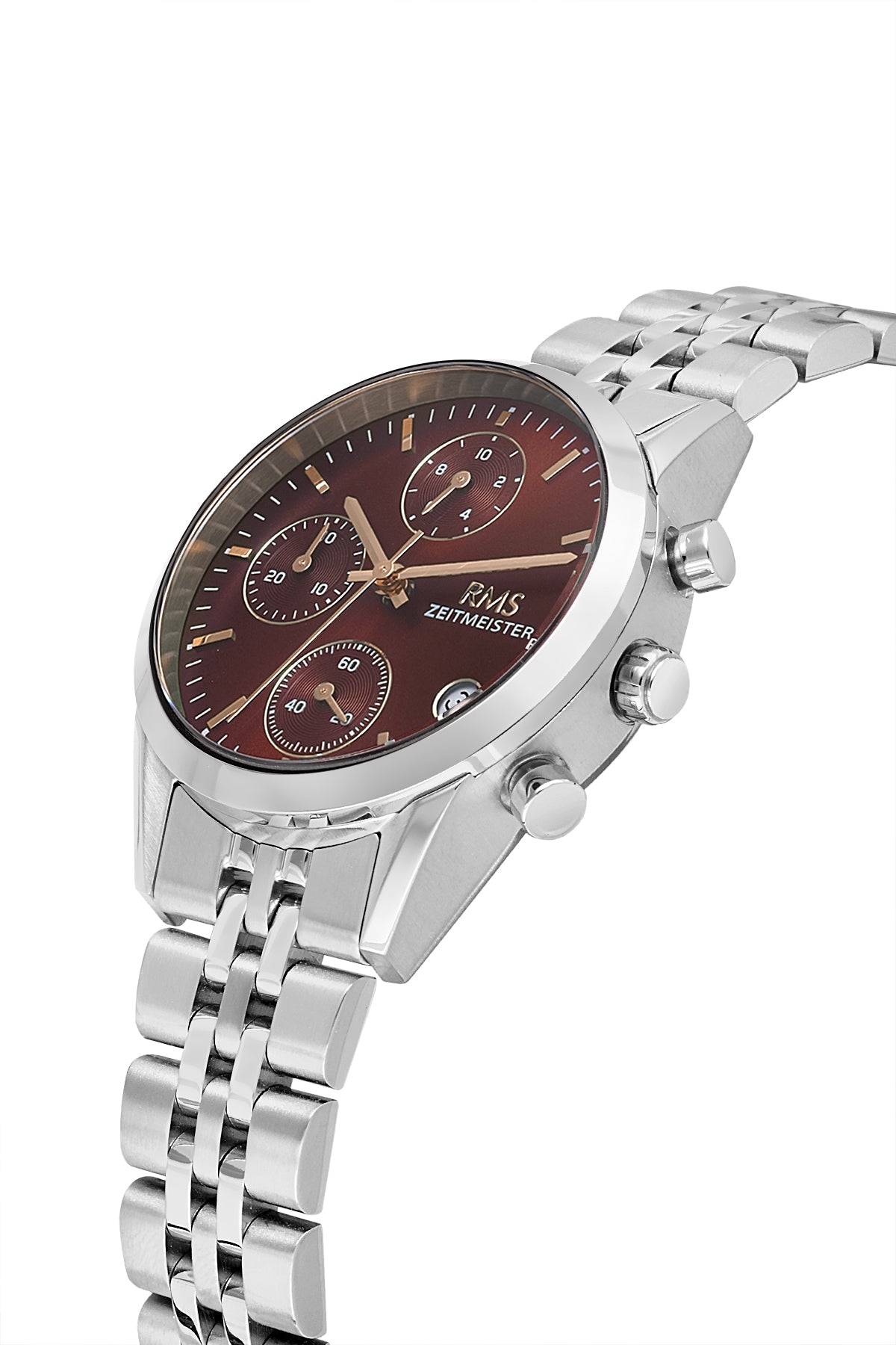 RMS Zeitmeister AG1594.06 women's chronograph watch with burgundy dial, silver-tone case and stainless steel bracelet – angled view