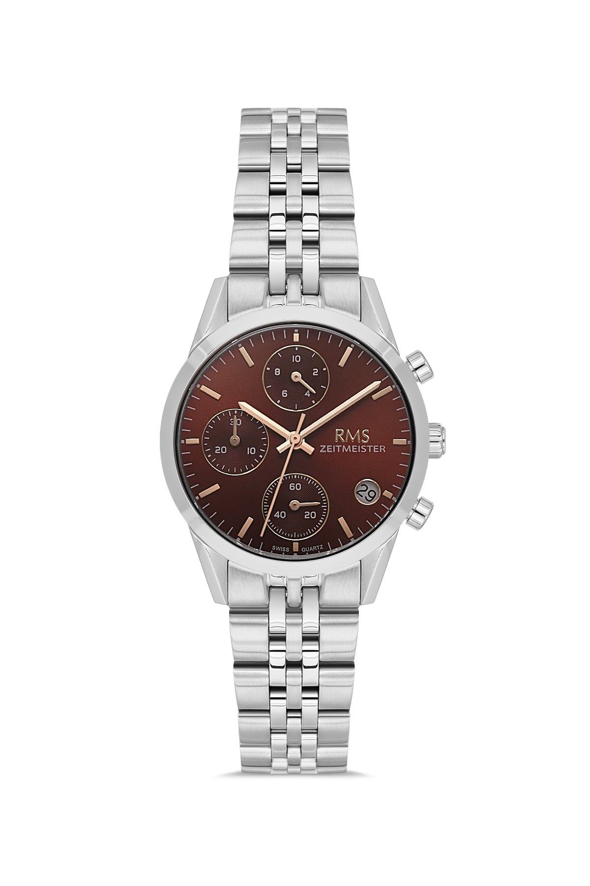 RMS Zeitmeister AG1594.06 women's chronograph watch with burgundy dial, silver-tone case and stainless steel bracelet – front view