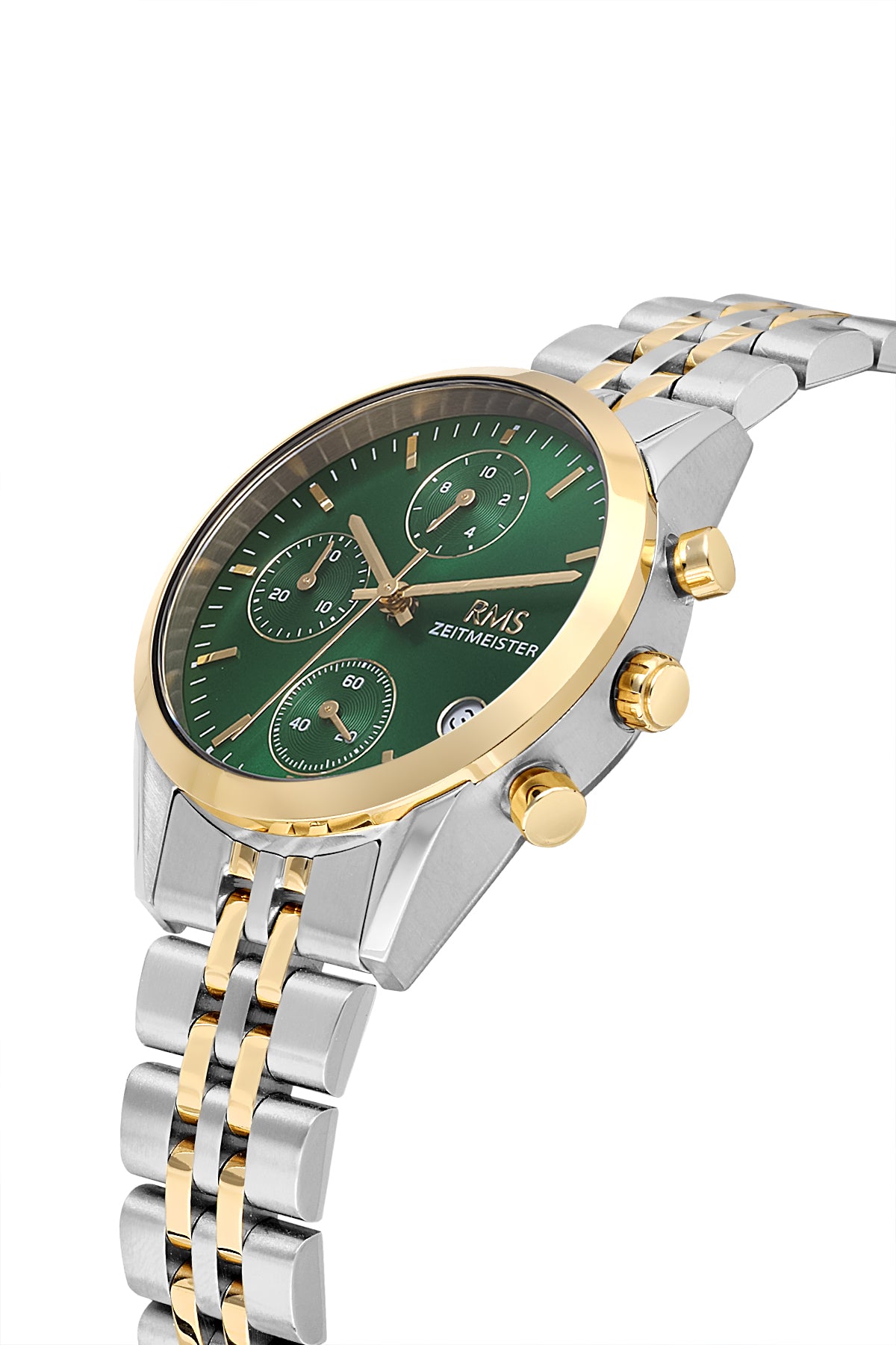 RMS Zeitmeister AG1594.07 women's chronograph watch with green dial, two-tone case and stainless steel bracelet – angled view