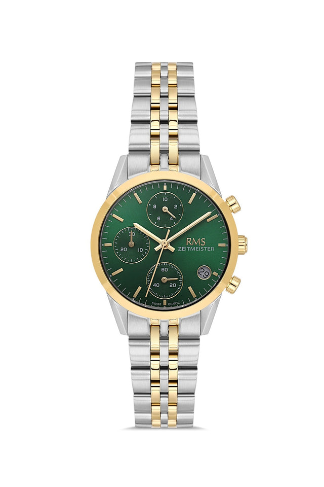 RMS Zeitmeister AG1594.07 women's chronograph watch with green dial, two-tone case and stainless steel bracelet – front view
