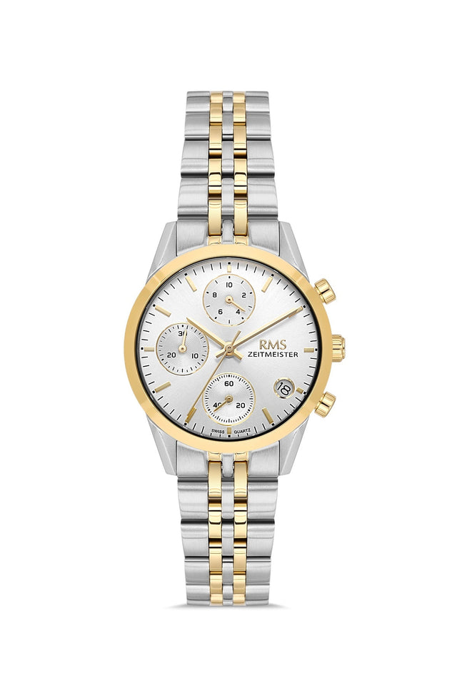 RMS Zeitmeister AG1594.08 women's chronograph watch with silver dial, two-tone case and stainless steel bracelet – front view
