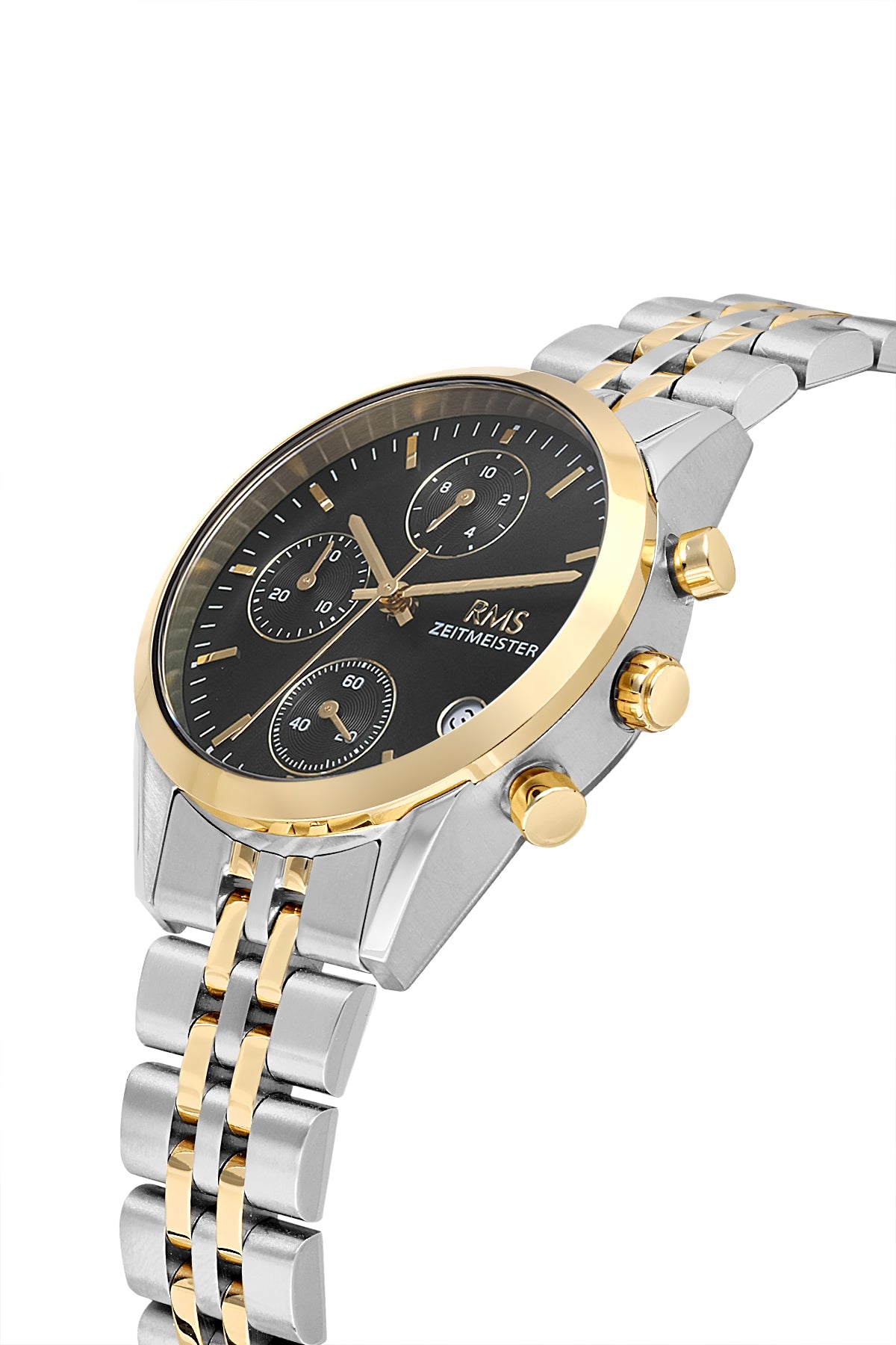 RMS Zeitmeister AG1594.09 women's chronograph watch with black dial, two-tone case and stainless steel bracelet – angled view