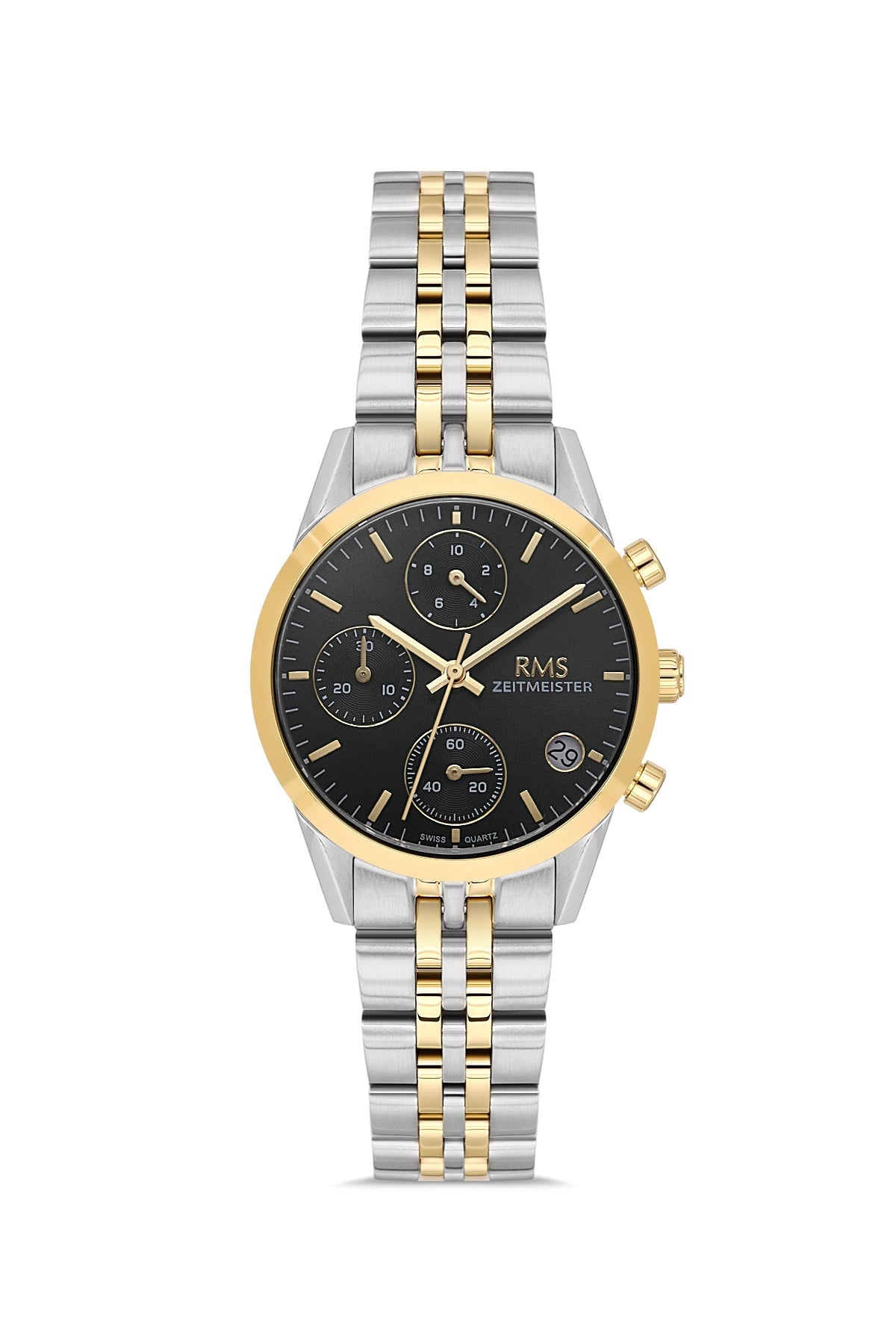 RMS Zeitmeister AG1594.09 women's chronograph watch with black dial, two-tone case and stainless steel bracelet – front view