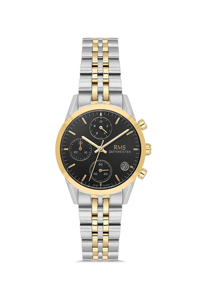RMS Zeitmeister AG1594.09 women's chronograph watch with black dial, two-tone case and stainless steel bracelet – front view
