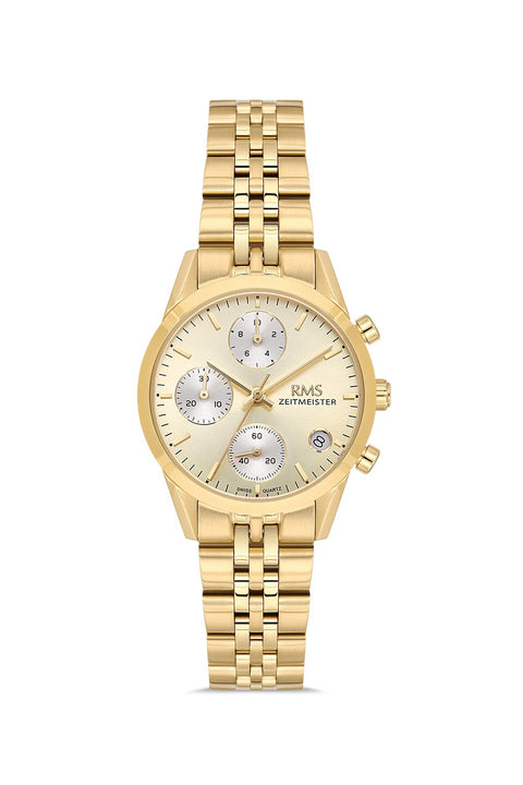 RMS Zeitmeister AG1594.10 women's chronograph watch with gold dial, gold-tone case and stainless steel bracelet – front view