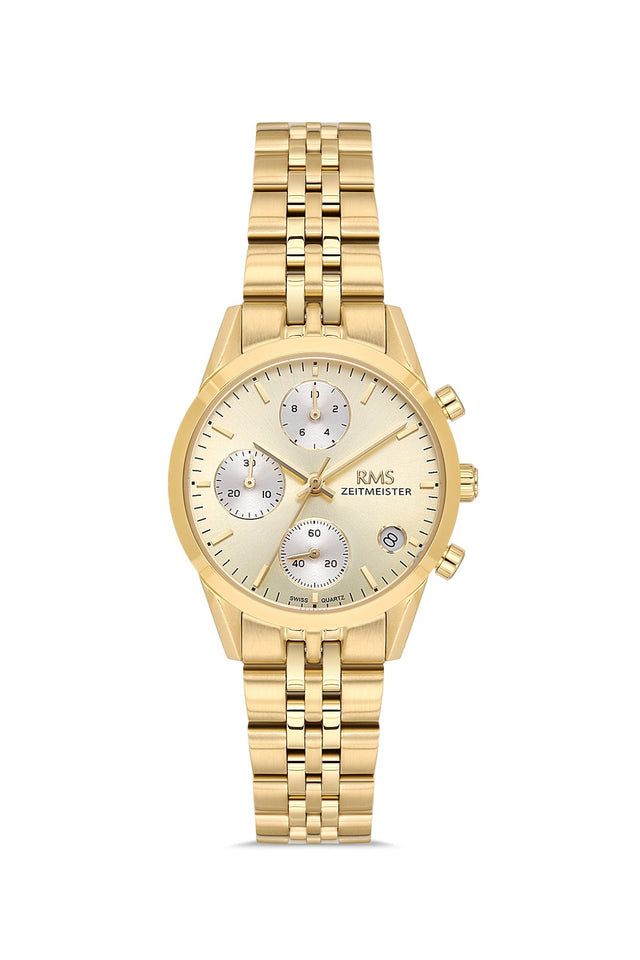 RMS Zeitmeister AG1594.10 women's chronograph watch with gold dial, gold-tone case and stainless steel bracelet – front view