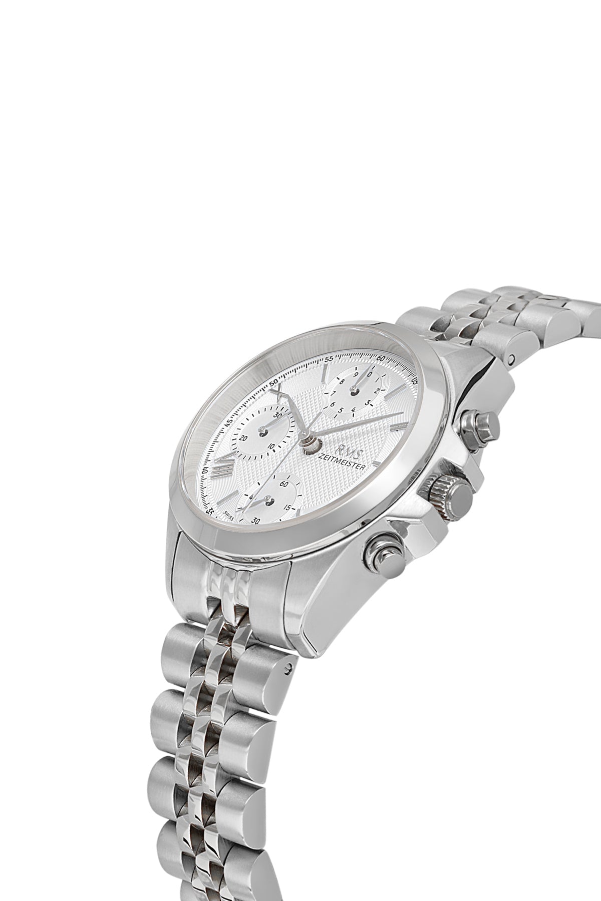 RMS Zeitmeister AG1599.01 women's chronograph watch with silver dial, silver-tone case and stainless steel bracelet – angled view