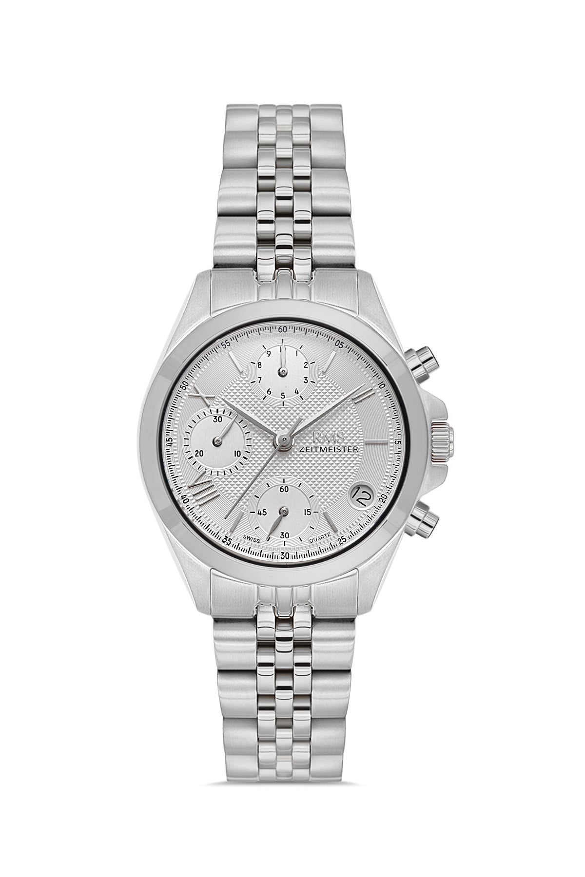 RMS Zeitmeister AG1599.01 women's chronograph watch with silver dial, silver-tone case and stainless steel bracelet – front view