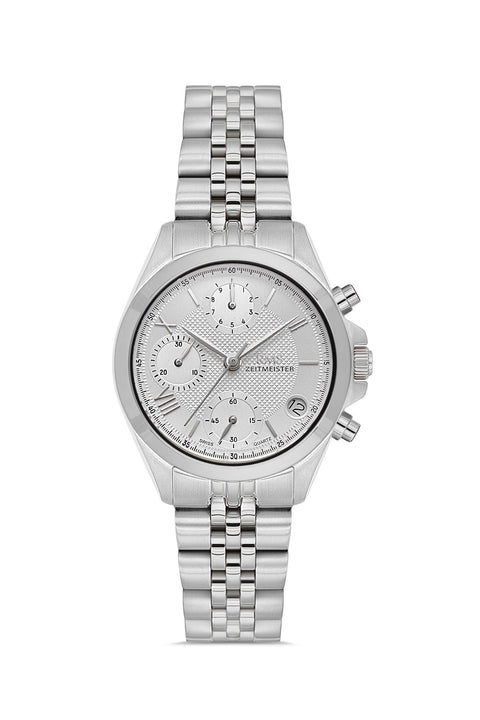 RMS Zeitmeister AG1599.01 women's chronograph watch with silver dial, silver-tone case and stainless steel bracelet – front view