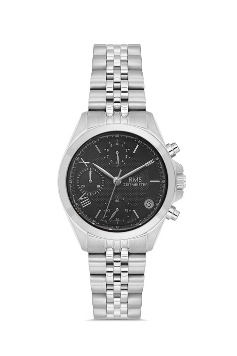 RMS Zeitmeister AG1599.02 women's chronograph watch with black dial, silver-tone case and stainless steel bracelet – front view