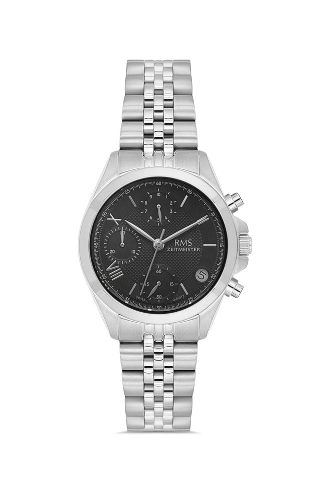 RMS Zeitmeister AG1599.02 women's chronograph watch with black dial, silver-tone case and stainless steel bracelet – front view
