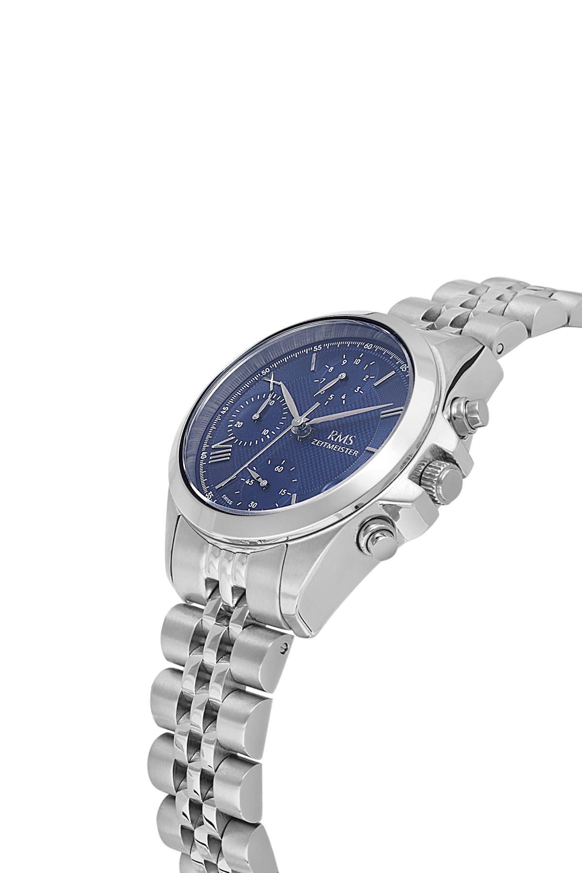 RMS Zeitmeister AG1599.03 women's chronograph watch with blue dial, silver-tone case and stainless steel bracelet – angled view
