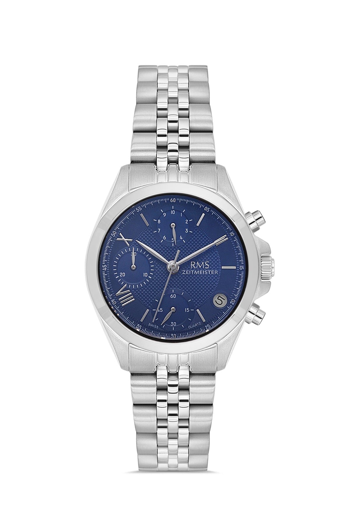 RMS Zeitmeister AG1599.03 women's chronograph watch with blue dial, silver-tone case and stainless steel bracelet – front view