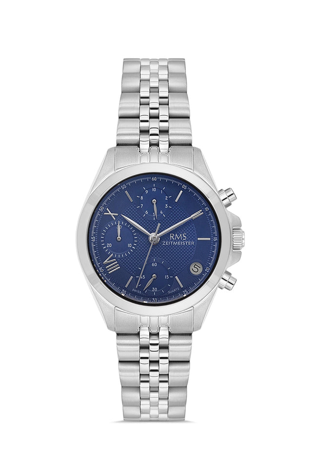 RMS Zeitmeister AG1599.03 women's chronograph watch with blue dial, silver-tone case and stainless steel bracelet – front view