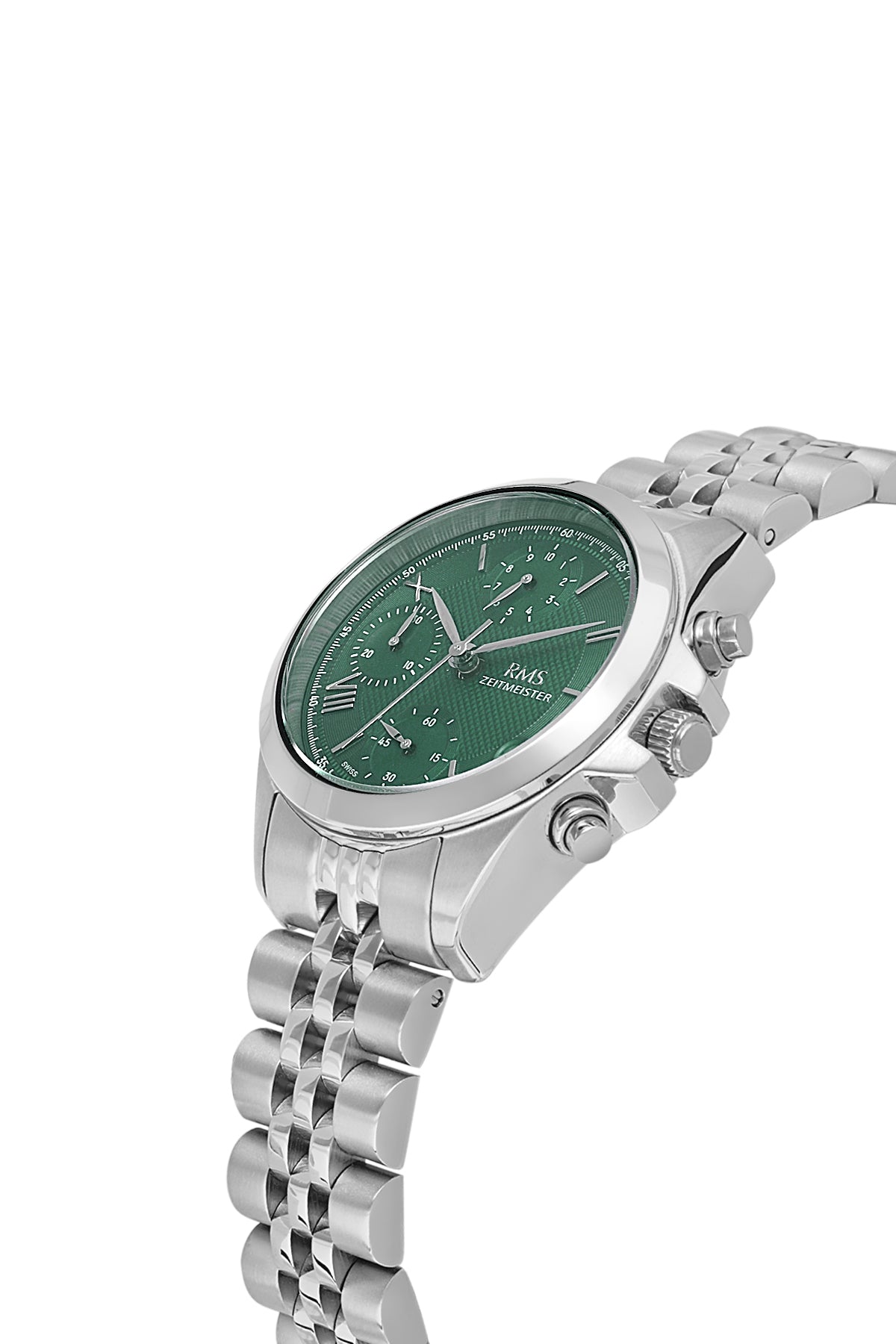 RMS Zeitmeister AG1599.04 women's chronograph watch with green dial, silver-tone case and stainless steel bracelet – angled view