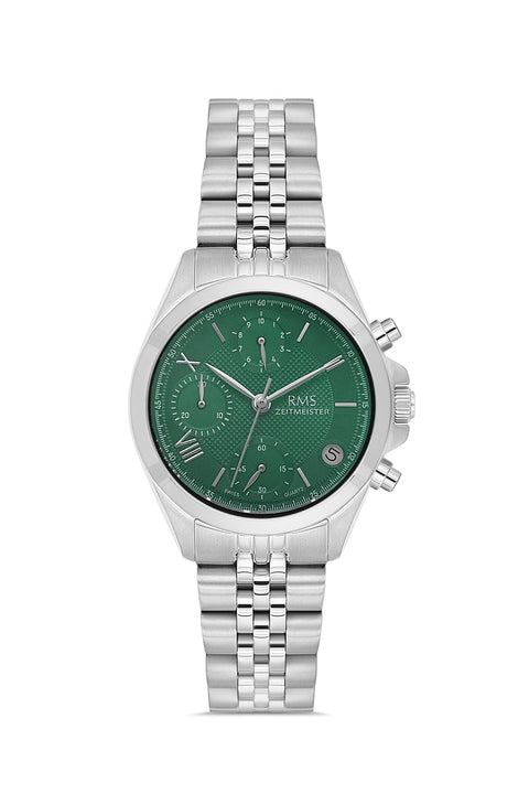 RMS Zeitmeister AG1599.04 women's chronograph watch with green dial, silver-tone case and stainless steel bracelet – front view