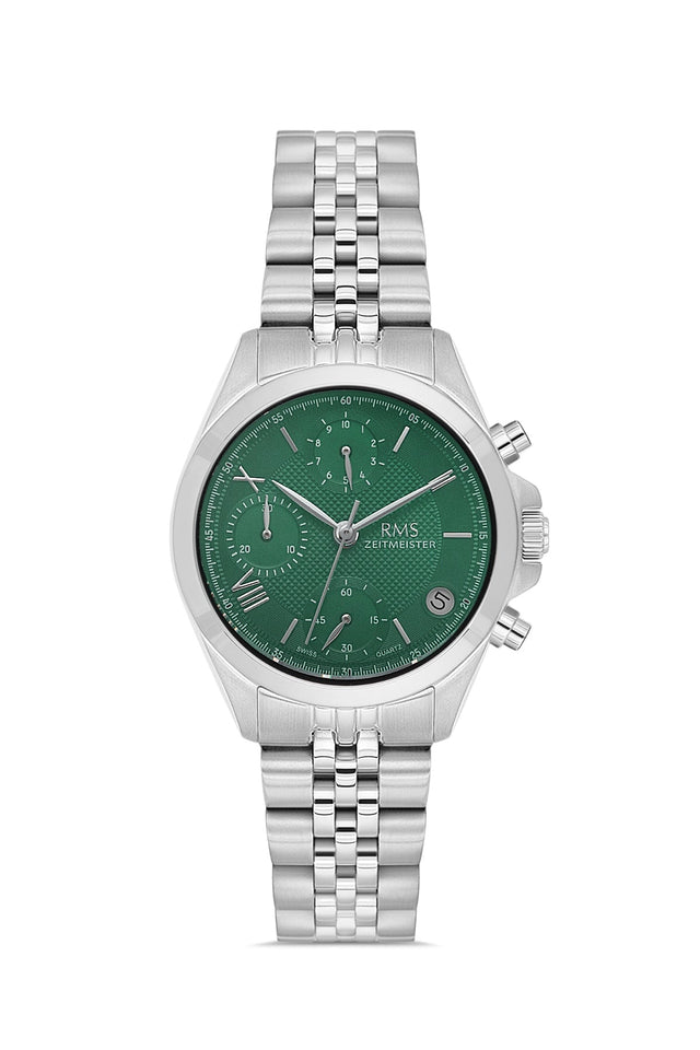 RMS Zeitmeister AG1599.04 women's chronograph watch with green dial, silver-tone case and stainless steel bracelet – front view