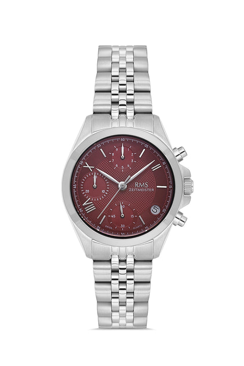 RMS Zeitmeister AG1599.05 women's chronograph watch with burgundy dial, silver-tone case and stainless steel bracelet – front view