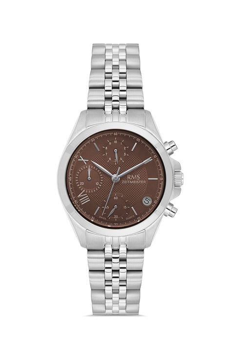 RMS Zeitmeister AG1599.06 women's chronograph watch with brown dial, silver-tone case and stainless steel bracelet – front view
