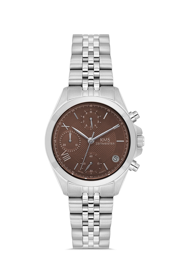 RMS Zeitmeister AG1599.06 women's chronograph watch with brown dial, silver-tone case and stainless steel bracelet – front view