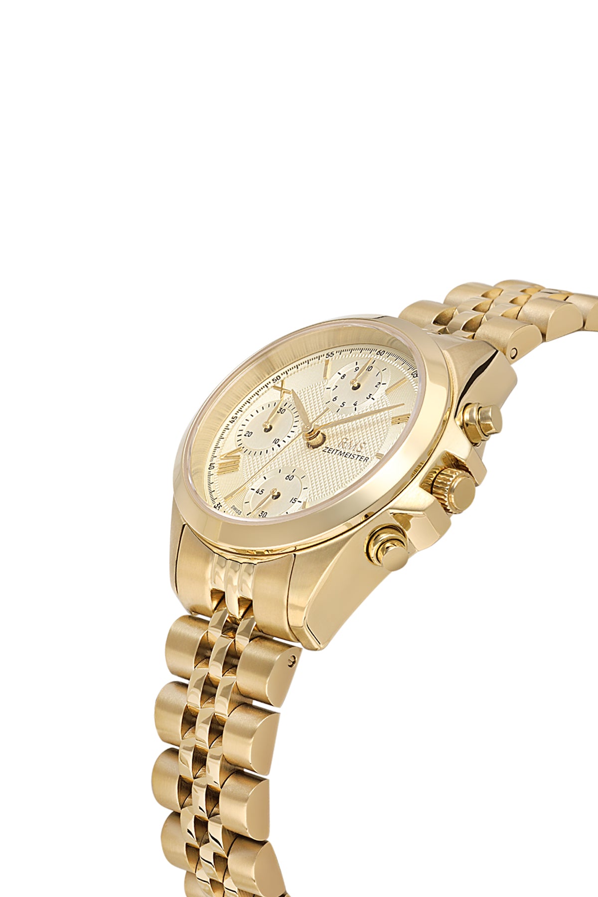 RMS Zeitmeister AG1599.07 women's chronograph watch with champagne dial, gold-tone case and stainless steel bracelet – angled view