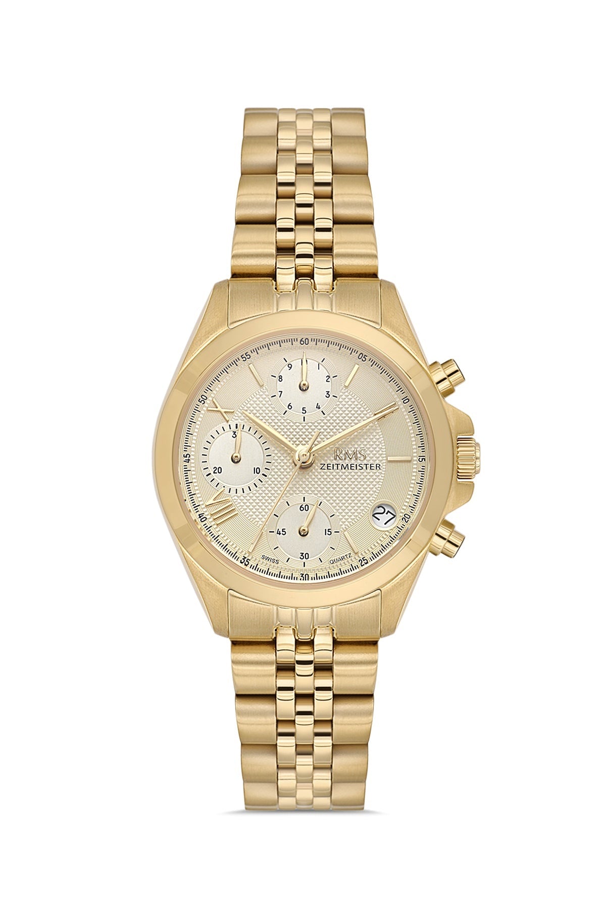 RMS Zeitmeister AG1599.07 women's chronograph watch with champagne dial, gold-tone case and stainless steel bracelet – front view
