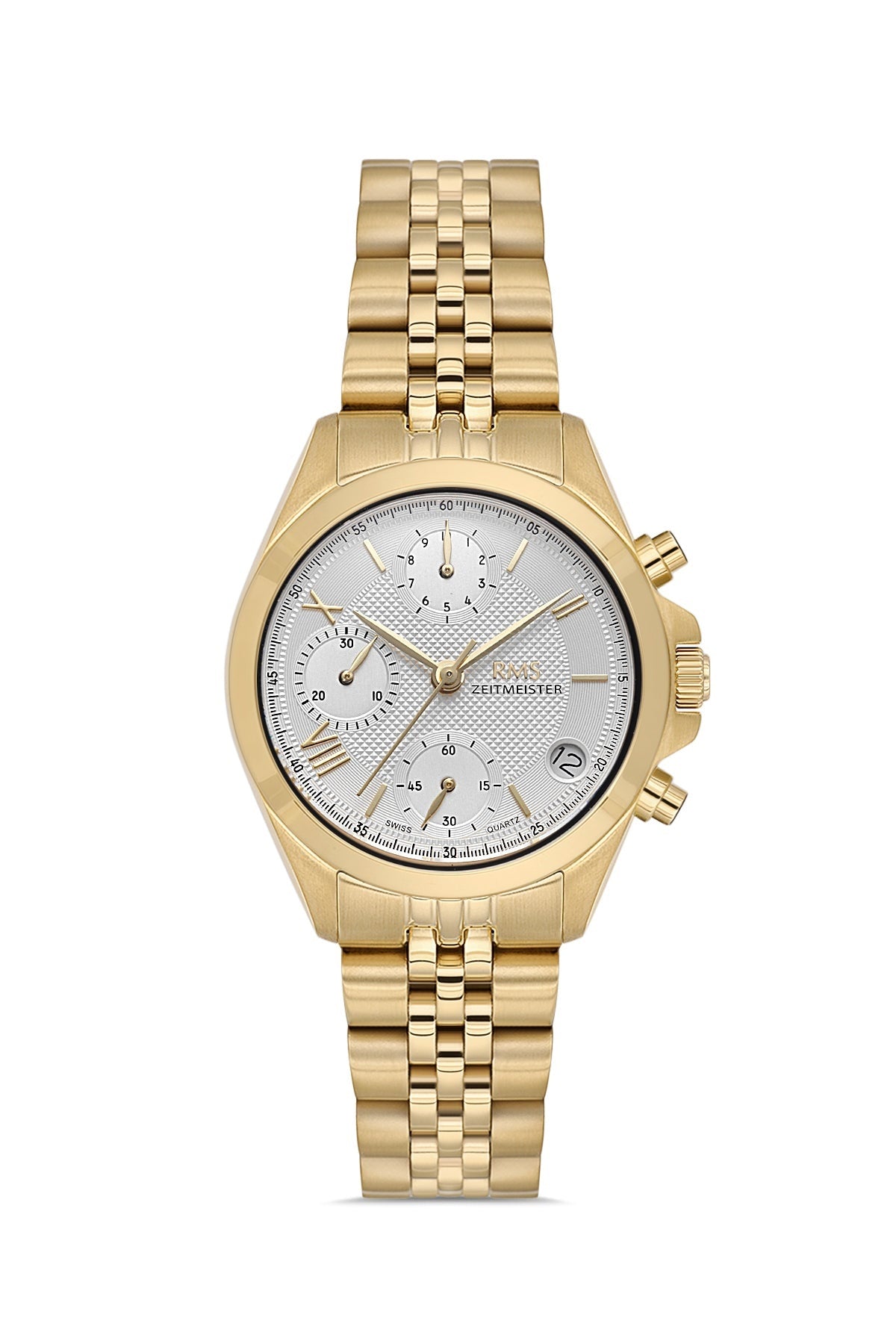 RMS Zeitmeister AG1599.08 women's chronograph watch with silver dial, gold-tone case and stainless steel bracelet – front view