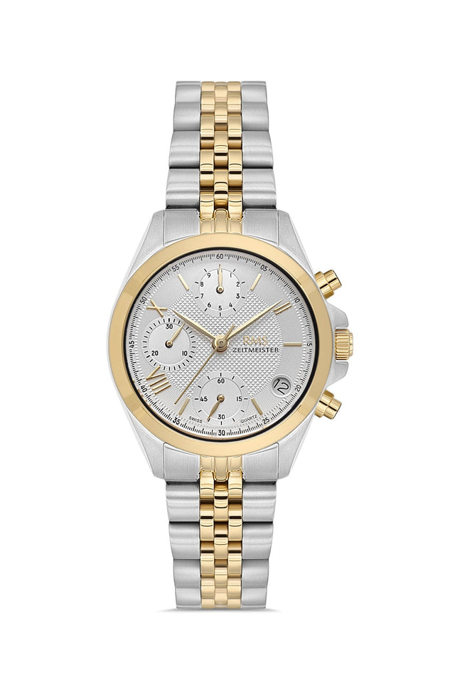 RMS Zeitmeister AG1599.09 women's chronograph watch with silver dial, two-tone case and stainless steel bracelet – front view