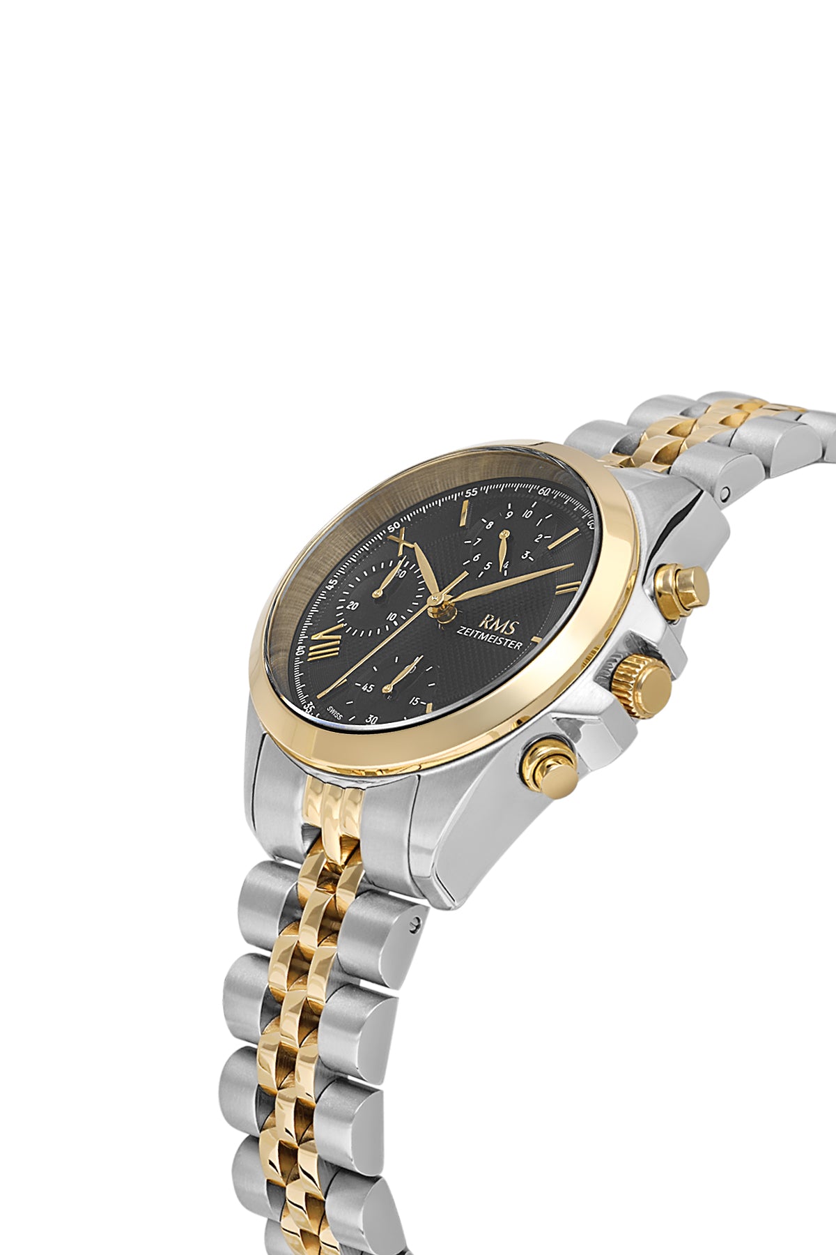 RMS Zeitmeister AG1599.10 women's chronograph watch with black dial, two-tone case and stainless steel bracelet – angled view
