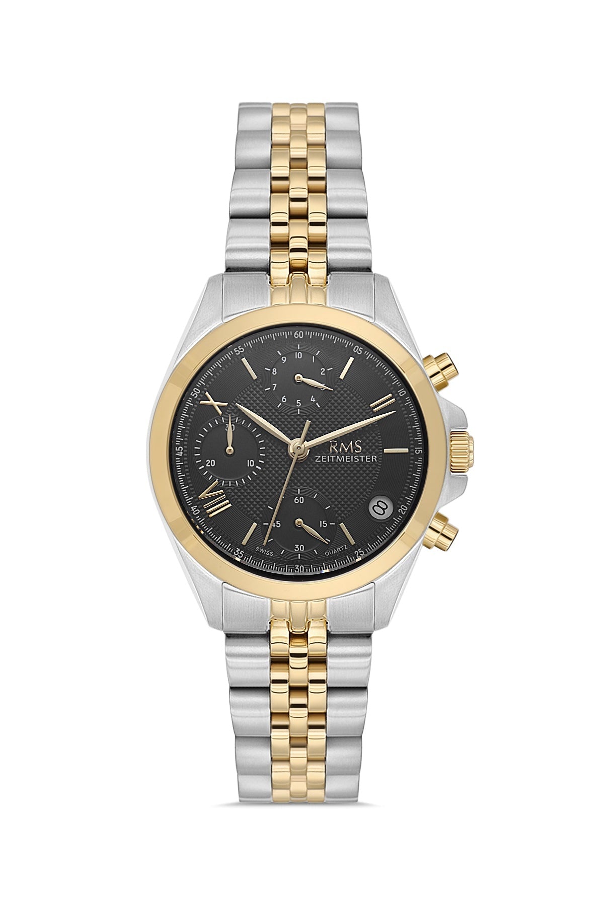 RMS Zeitmeister AG1599.10 women's chronograph watch with black dial, two-tone case and stainless steel bracelet – front view
