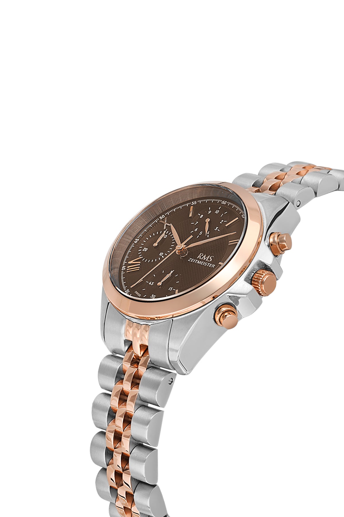 RMS Zeitmeister AG1599.11 women's chronograph watch with brown dial, two-tone rose gold case and stainless steel bracelet – angled view