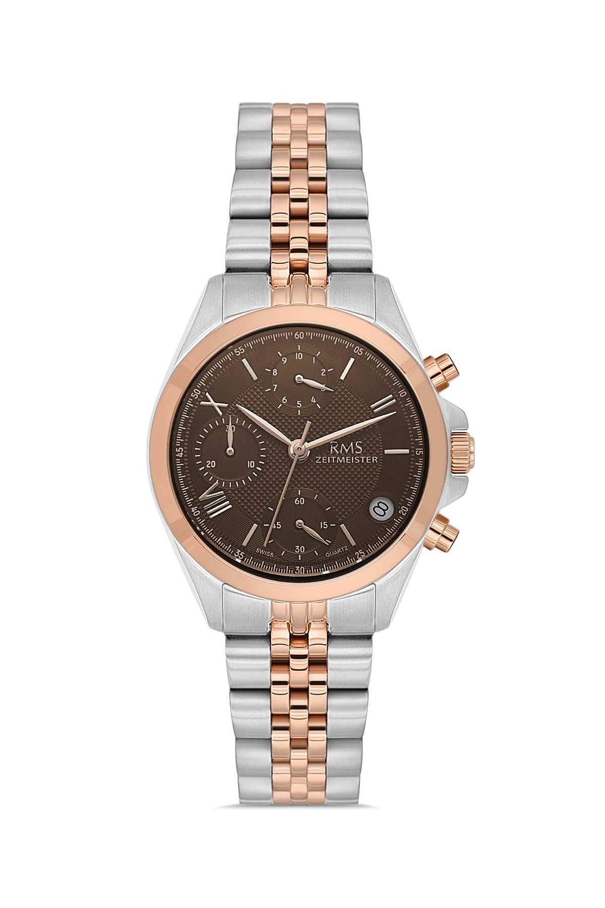 RMS Zeitmeister AG1599.11 women's chronograph watch with brown dial, two-tone rose gold case and stainless steel bracelet – front view