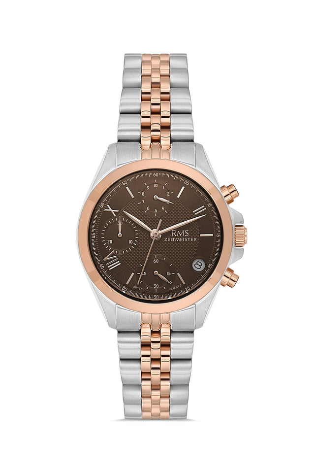 RMS Zeitmeister AG1599.11 women's chronograph watch with brown dial, two-tone rose gold case and stainless steel bracelet – front view