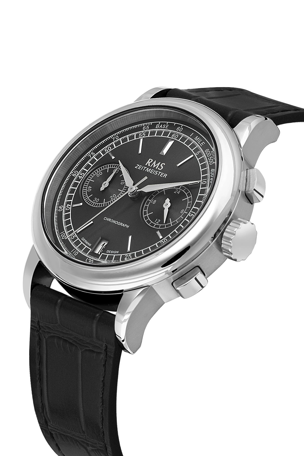 RMS Zeitmeister AG1624.10 men's chronograph watch with black dial, silver-tone case and black genuine leather strap – angled view