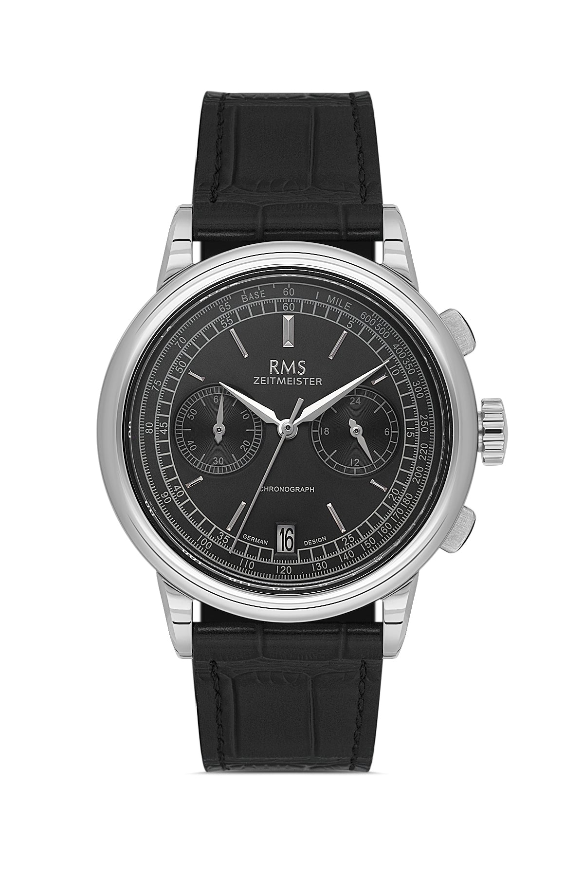 RMS Zeitmeister AG1624.10 men's chronograph watch with black dial, silver-tone case and black genuine leather strap – front view
