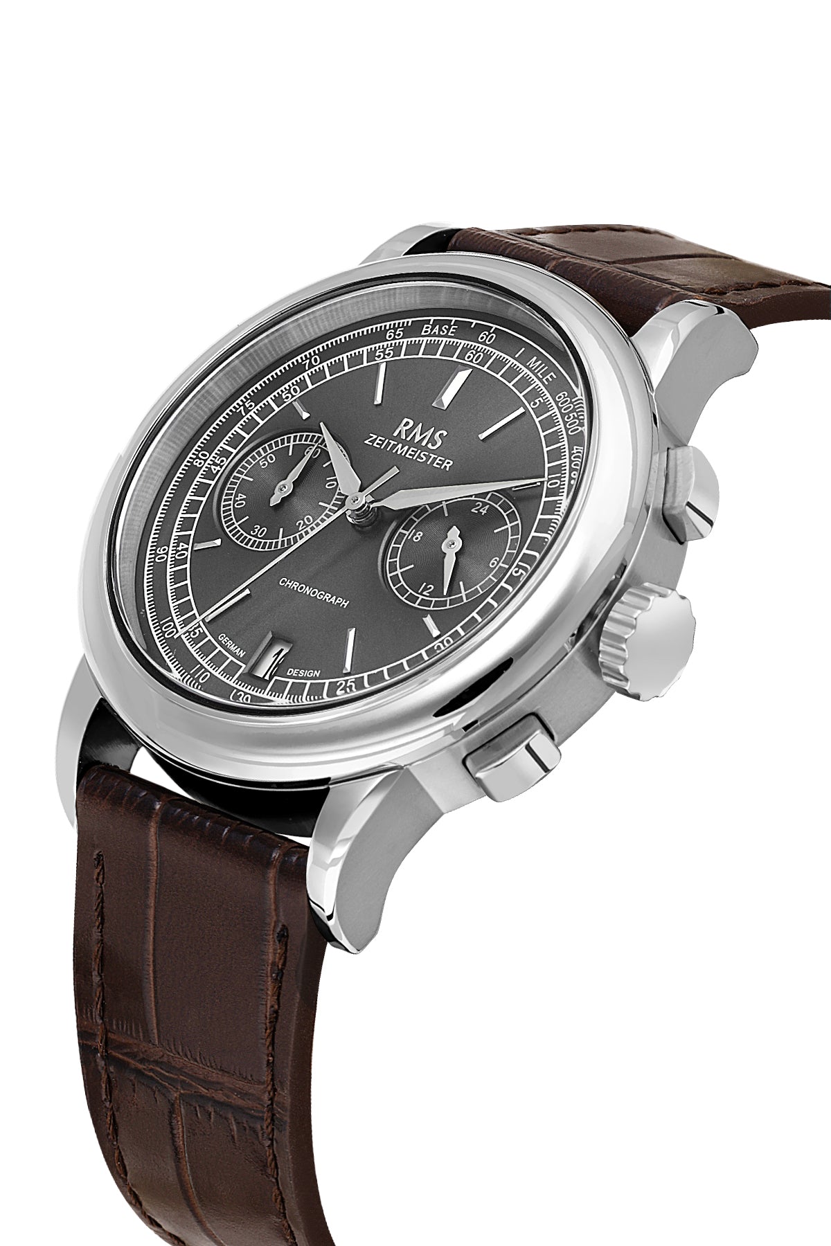 RMS Zeitmeister AG1624.13 men's chronograph watch with gray dial, silver-tone case and brown genuine leather strap – angled view