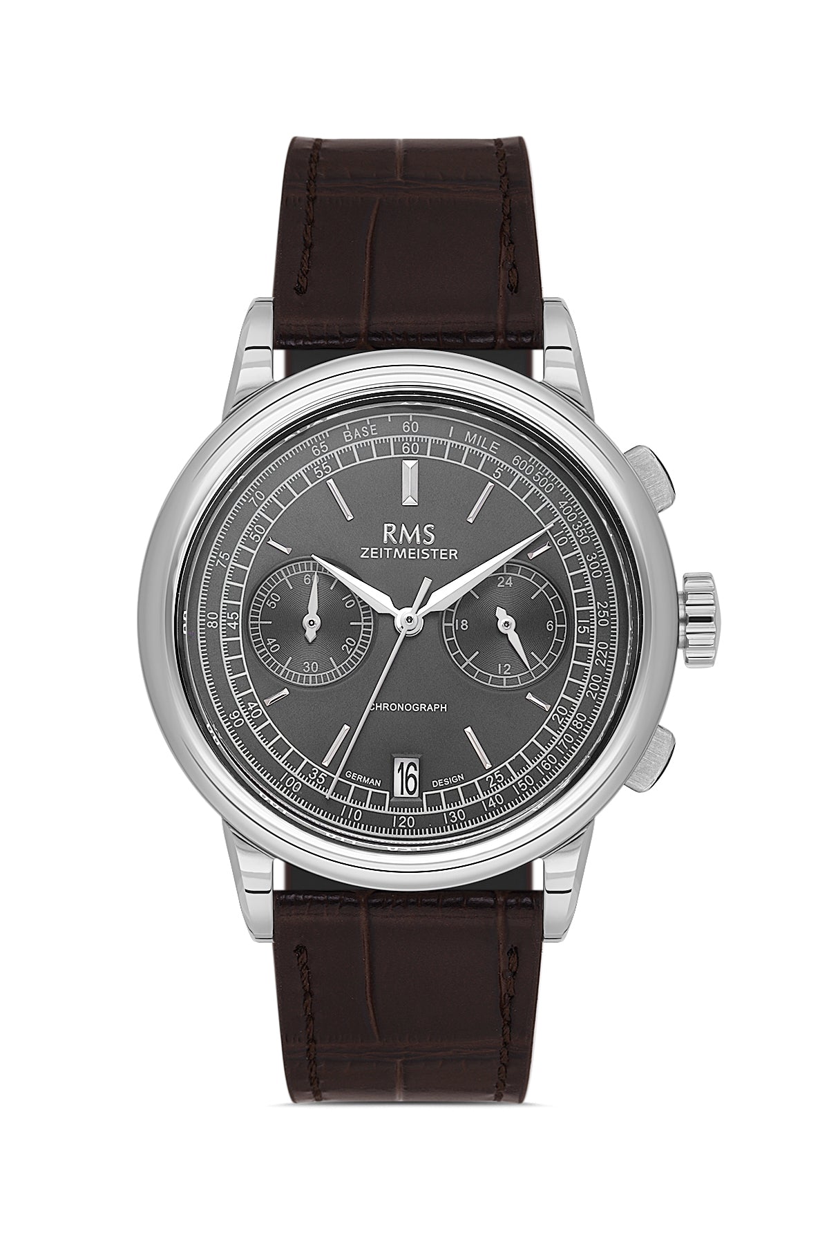 RMS Zeitmeister AG1624.13 men's chronograph watch with gray dial, silver-tone case and brown genuine leather strap – front view