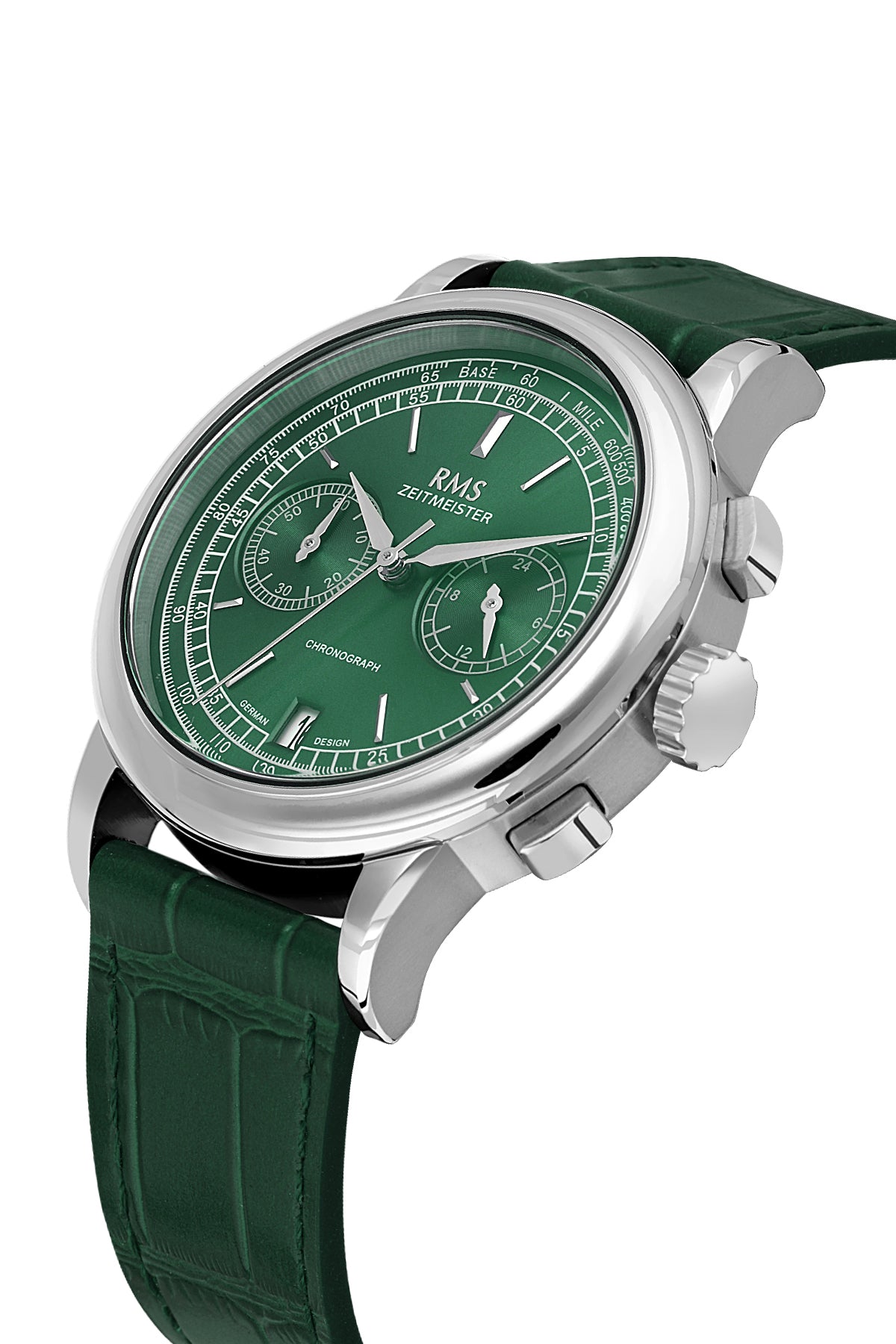 RMS Zeitmeister AG1624.14 men's chronograph watch with green dial, silver-tone case and green genuine leather strap – angled view