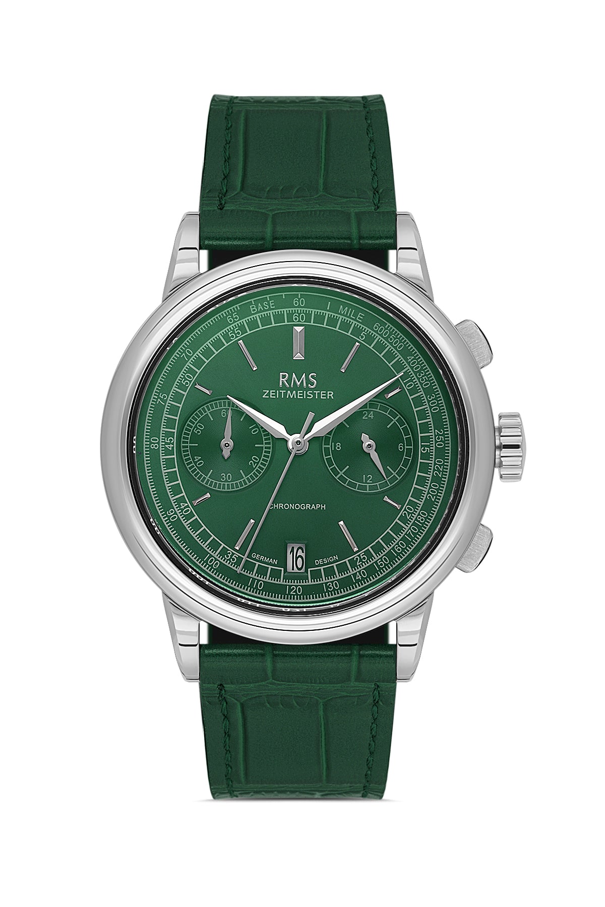 RMS Zeitmeister AG1624.14 men's chronograph watch with green dial, silver-tone case and green genuine leather strap – front view