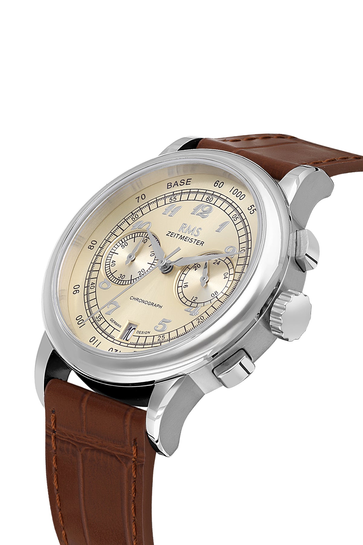 RMS Zeitmeister AG1624.15 men's chronograph watch with champagne dial, silver-tone case and brown genuine leather strap – angled view