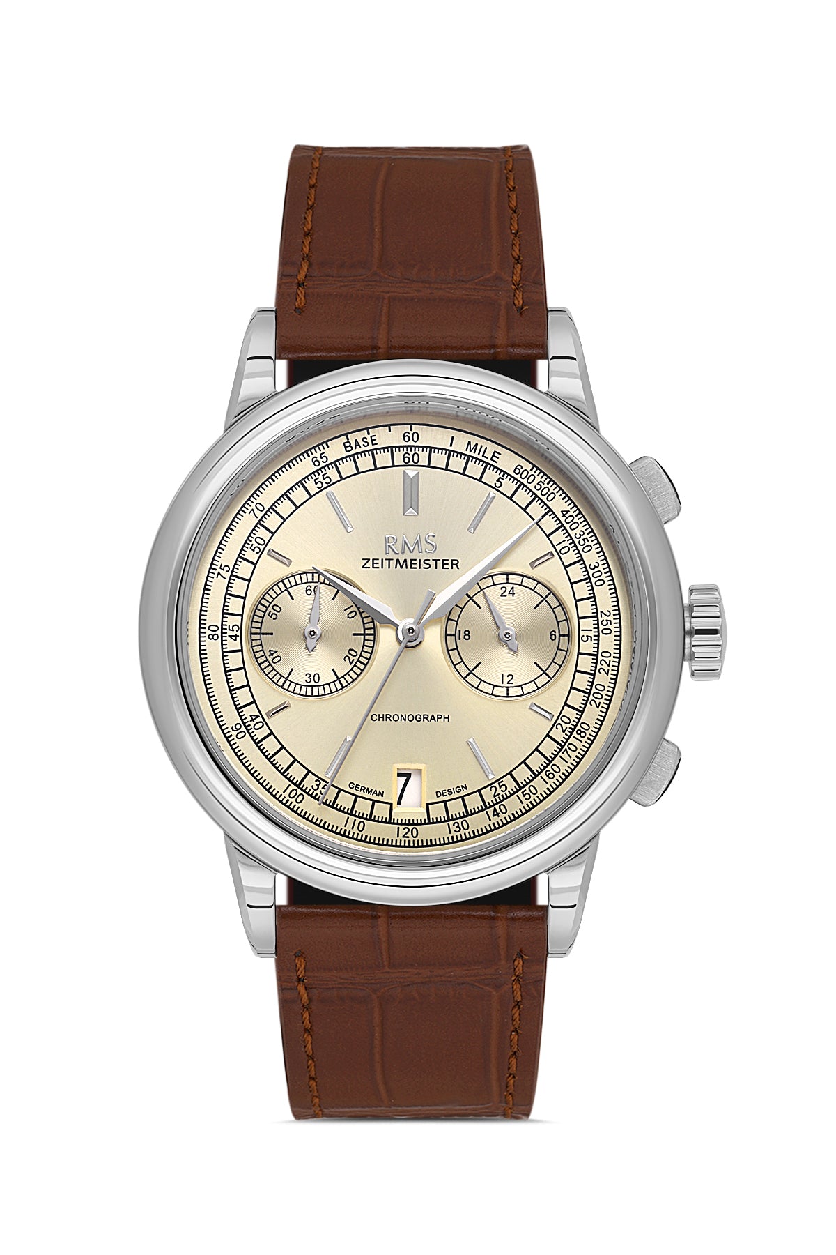 RMS Zeitmeister AG1624.15 men's chronograph watch with champagne dial, silver-tone case and brown genuine leather strap – front view