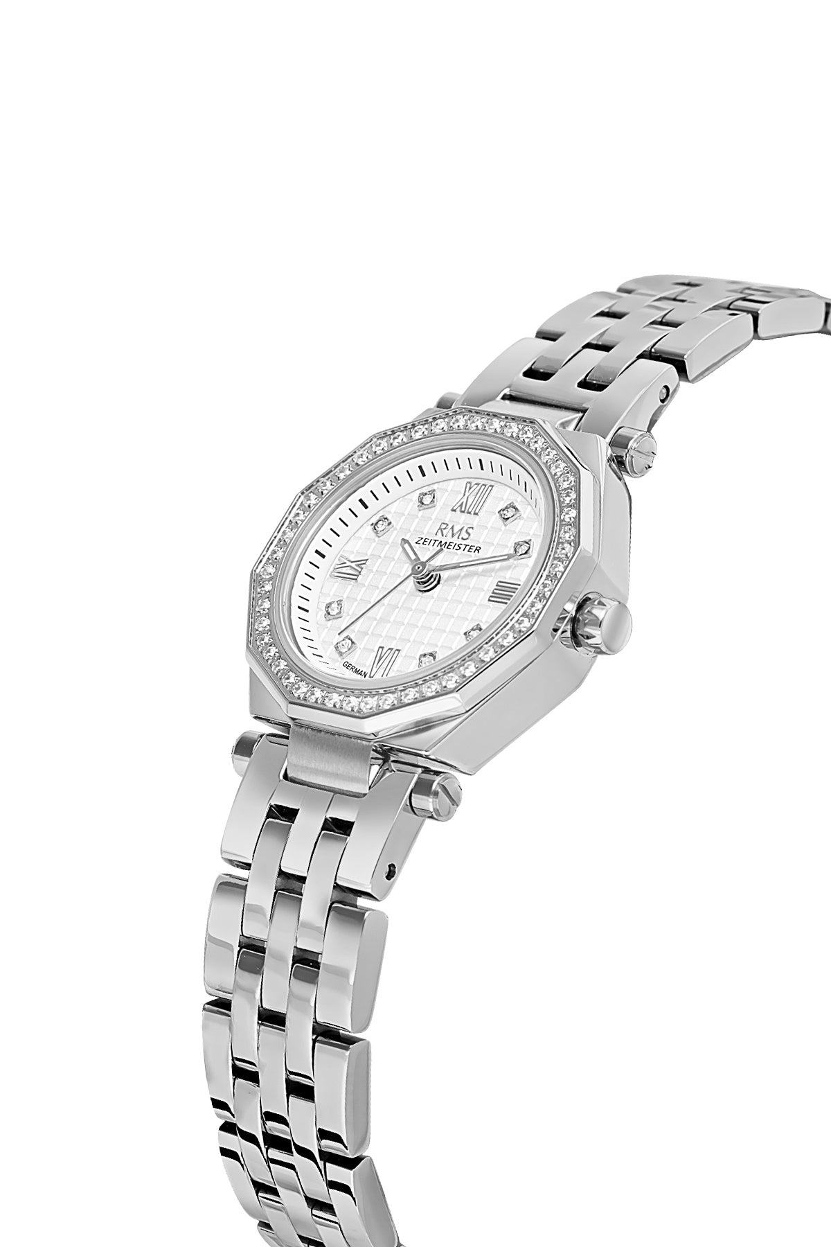 RMS Zeitmeister AG2056.01 women's watch with white dial, silver-tone case and stainless steel bracelet – angled view