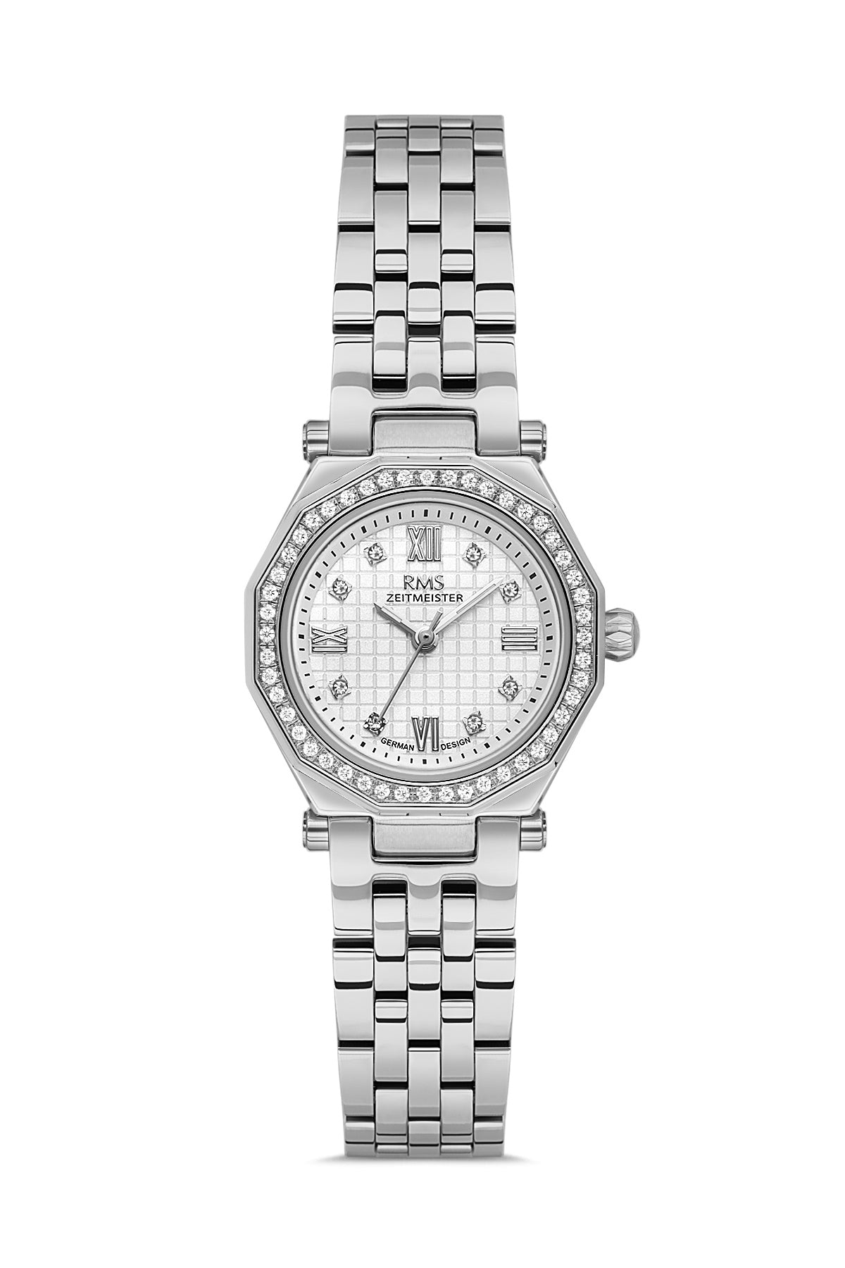 RMS Zeitmeister AG2056.01 women's watch with white dial, silver-tone case and stainless steel bracelet – front view