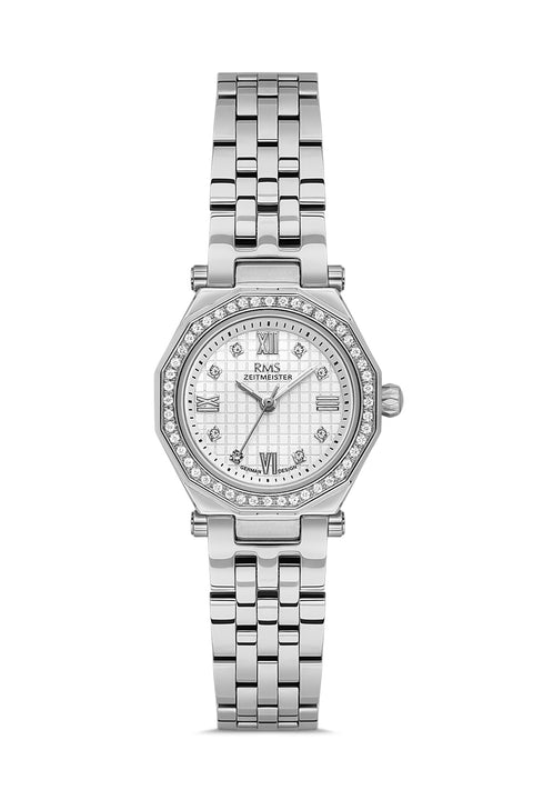 RMS Zeitmeister AG2056.01 women's watch with white dial, silver-tone case and stainless steel bracelet – front view