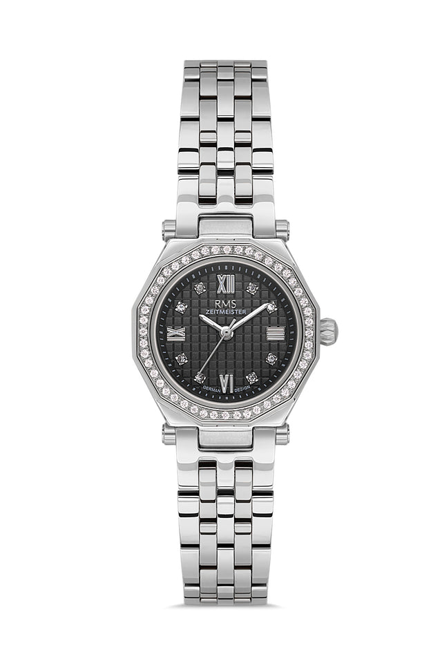 RMS Zeitmeister AG2056.02 women's watch with black dial, silver-tone case and stainless steel bracelet – front view